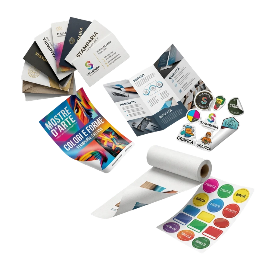 Composizione di prodotti di stampa PRINTSERVIS — biglietti da visita, brochure, adesivi, etichette e poster